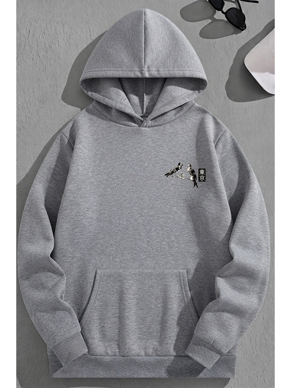 Unisex 3 İplik Pamuklu Gri Tokyobird Baskı Bol Kalıp Sweatshirt Hoodie-1
