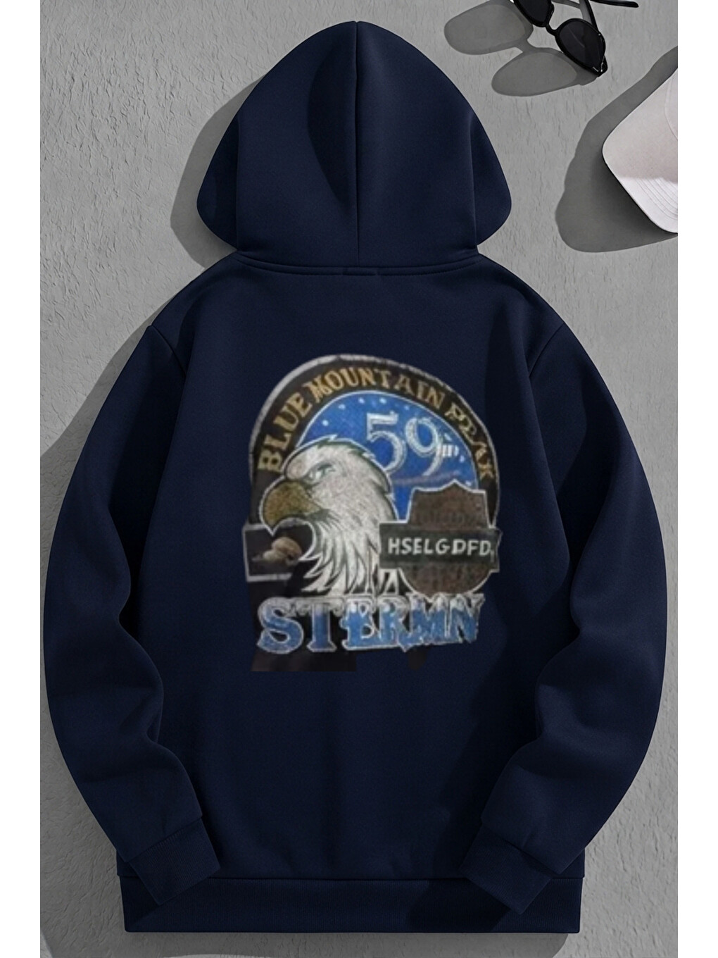 Unisex 3 İplik Pamuklu Lacivert Stermn Baskı Bol Kalıp Sweatshirt Hoodie