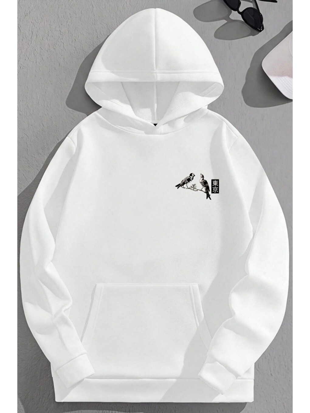 Unisex 3 İplik Pamuklu Beyaz Tokyobird Baskı Bol Kalıp Sweatshirt Hoodie-1