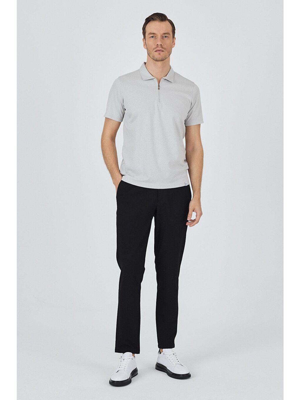 Gri Kısa Kol Düz Suprem Polo Yaka Cepsiz Pamuklu Casual Slim Fit Tişört 1011250164_100-1