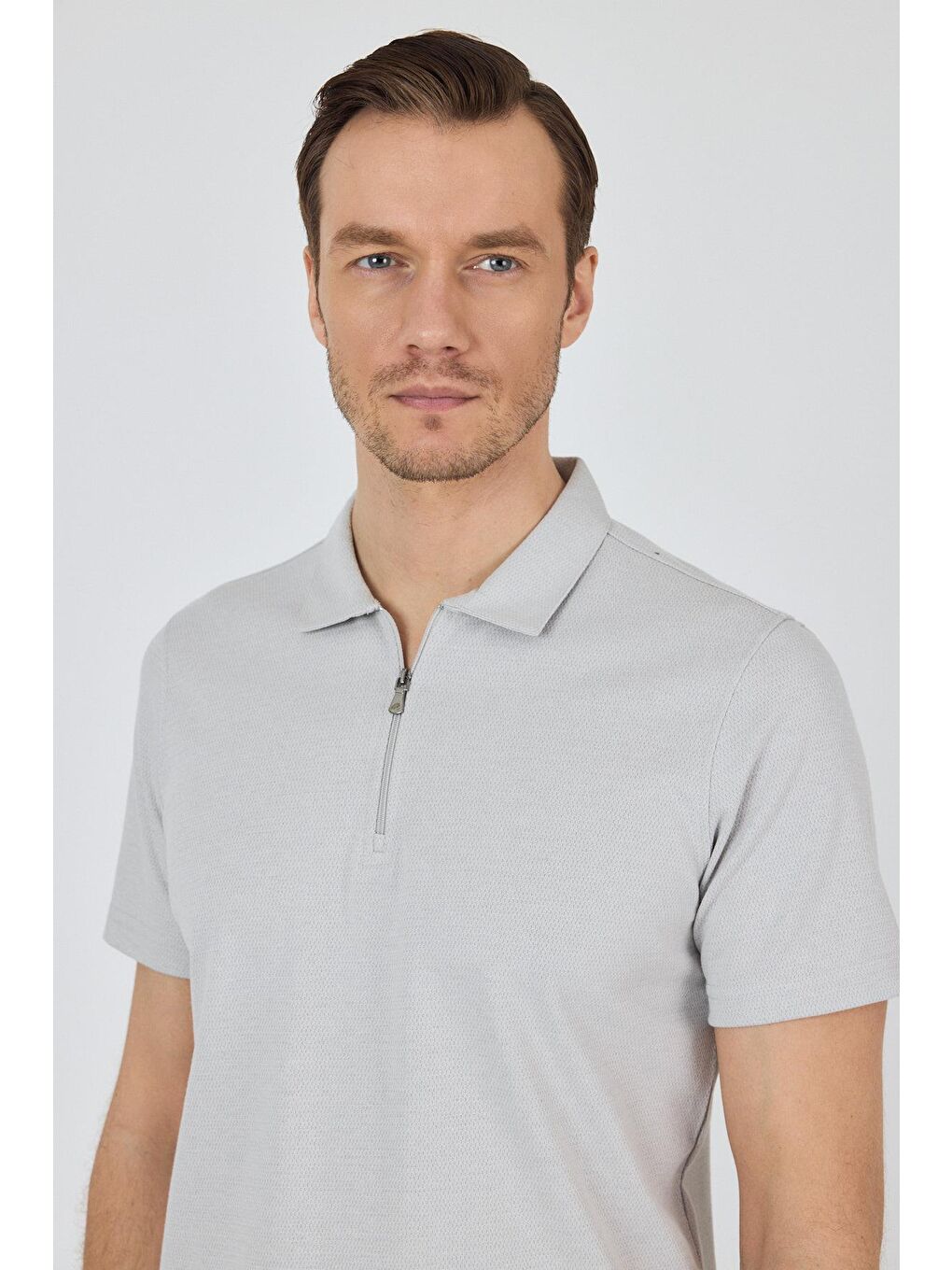 Gri Kısa Kol Düz Suprem Polo Yaka Cepsiz Pamuklu Casual Slim Fit Tişört 1011250164_100-3