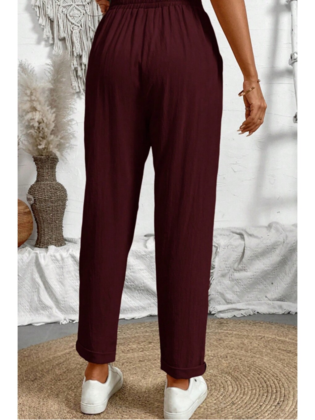 Bordo Kadın Keten Karışımlı Beli Lastikli Bağcıklı Rahat Kalıp Pantolon-2