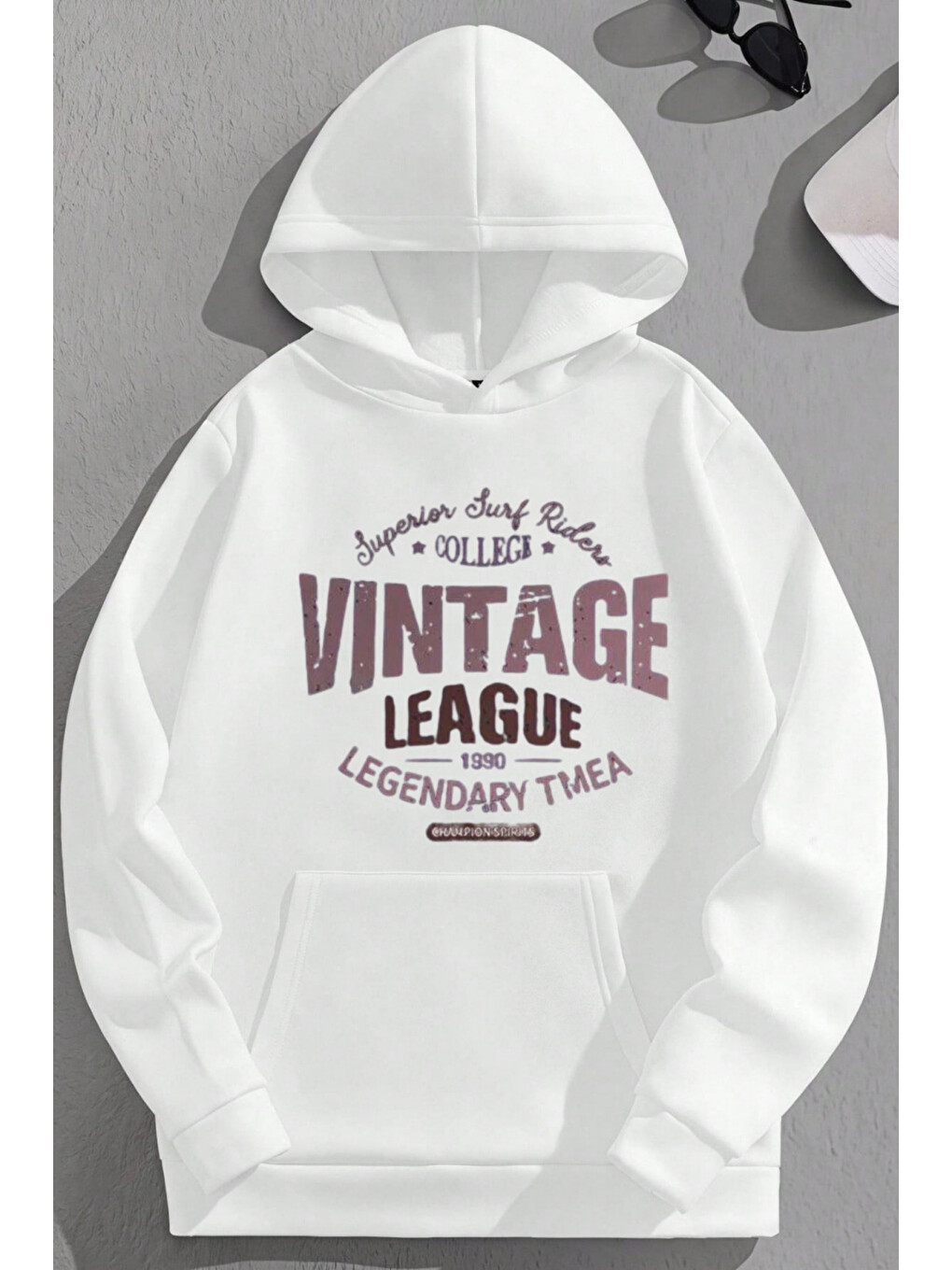 Unisex 3 İplik Pamuklu Beyaz Vintageleage Baskı Bol Kalıp Sweatshirt Hoodie