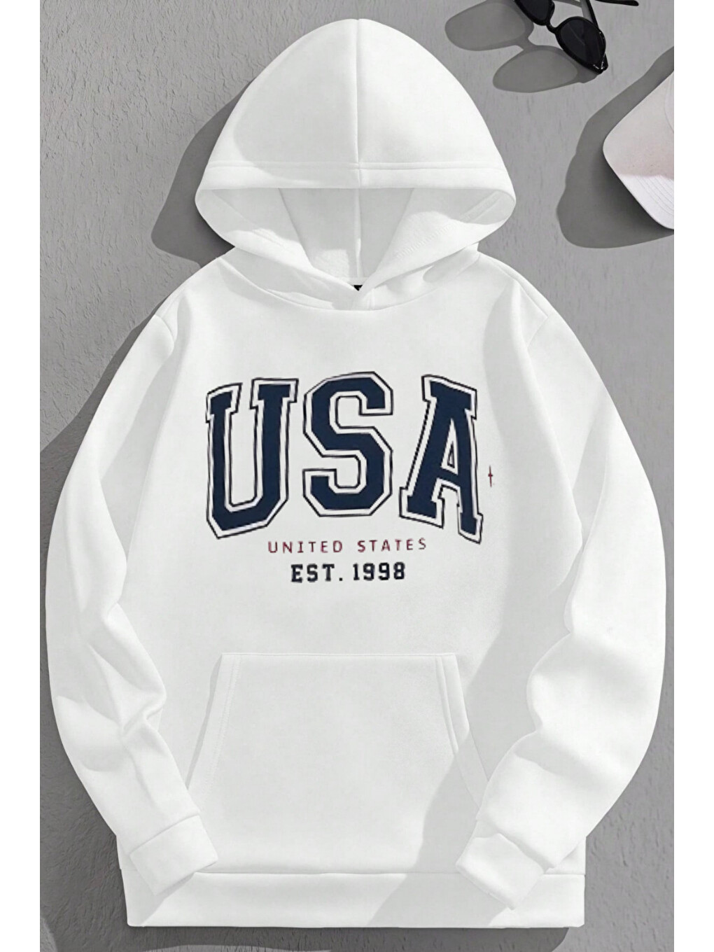 Unisex 3 İplik Pamuklu Beyaz Usa1998 Baskı Bol Kalıp Sweatshirt Hoodie