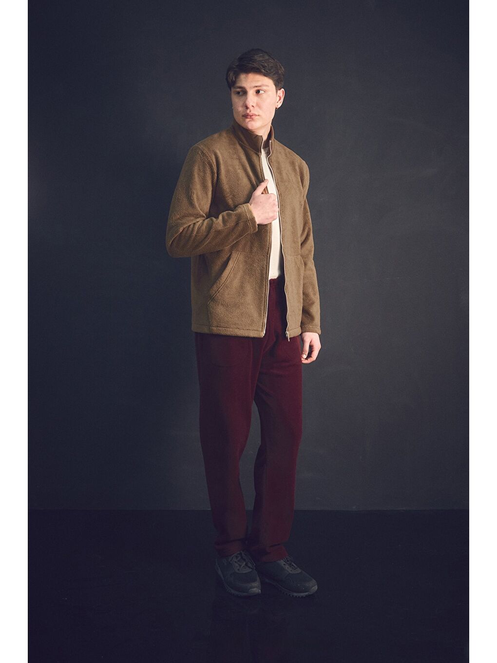 Bordo Beli Lastikli Cepli Polar Eşofman Altı