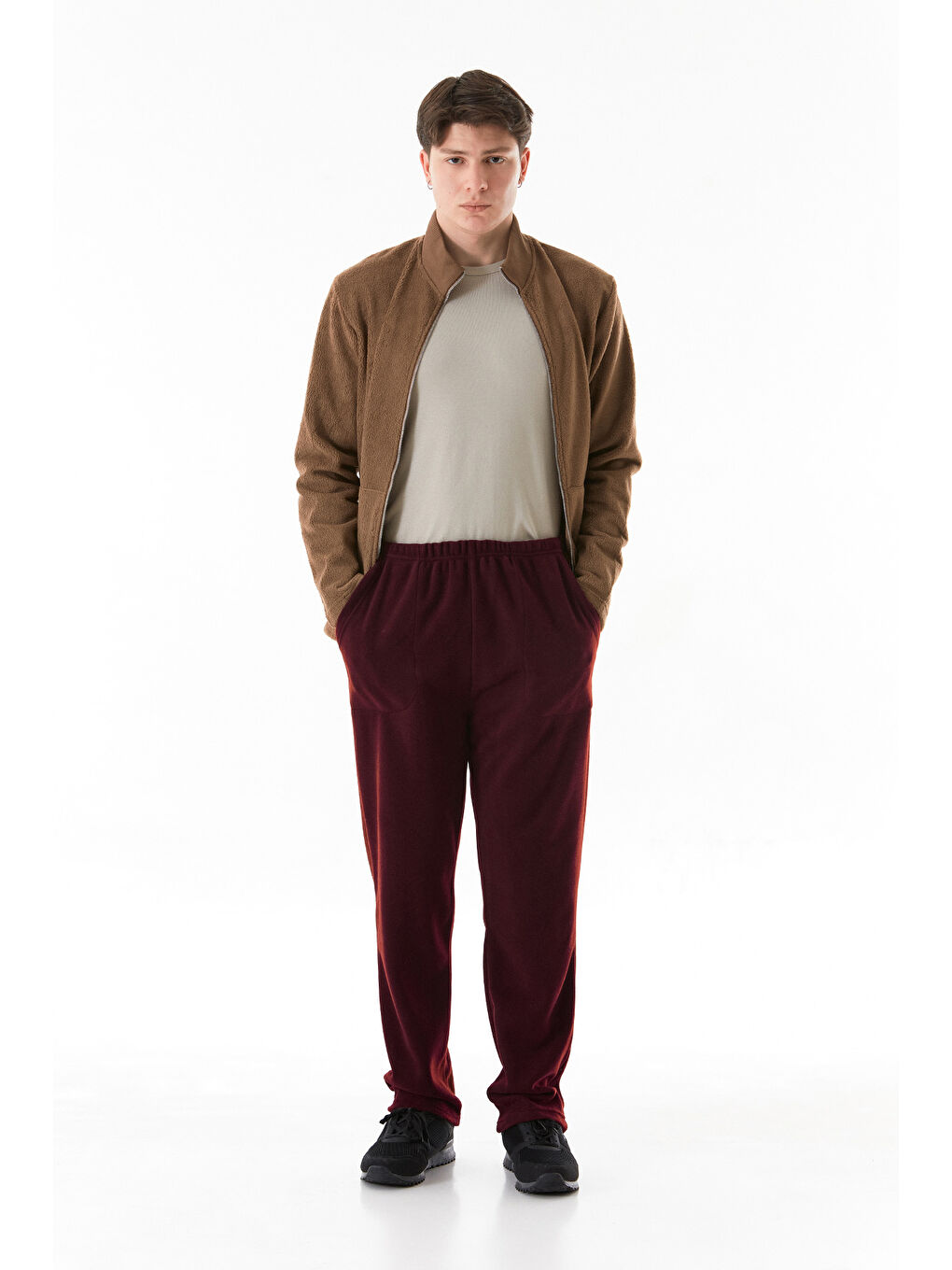 Bordo Beli Lastikli Cepli Polar Eşofman Altı-2