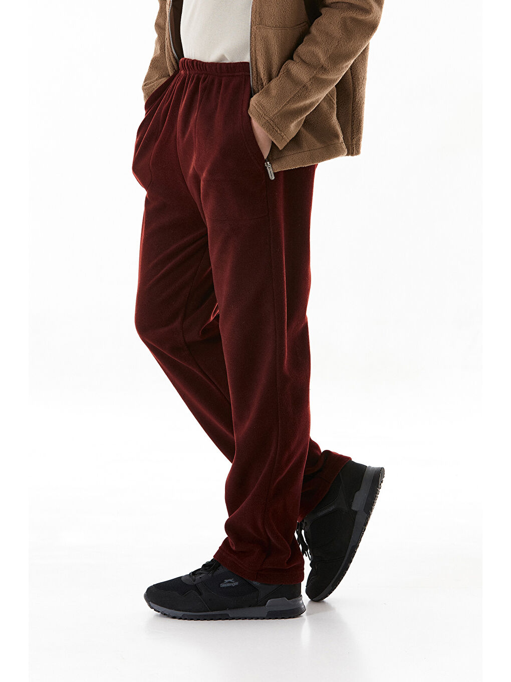 Bordo Beli Lastikli Cepli Polar Eşofman Altı-3