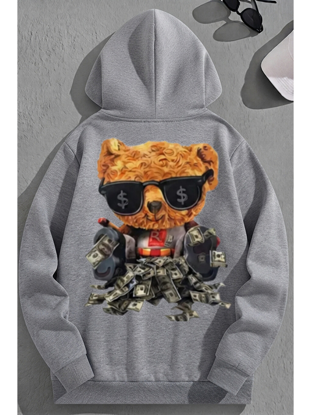 Unisex 3 İplik Pamuklu Gri Richbear Baskı Bol Kalıp Sweatshirt Hoodie
