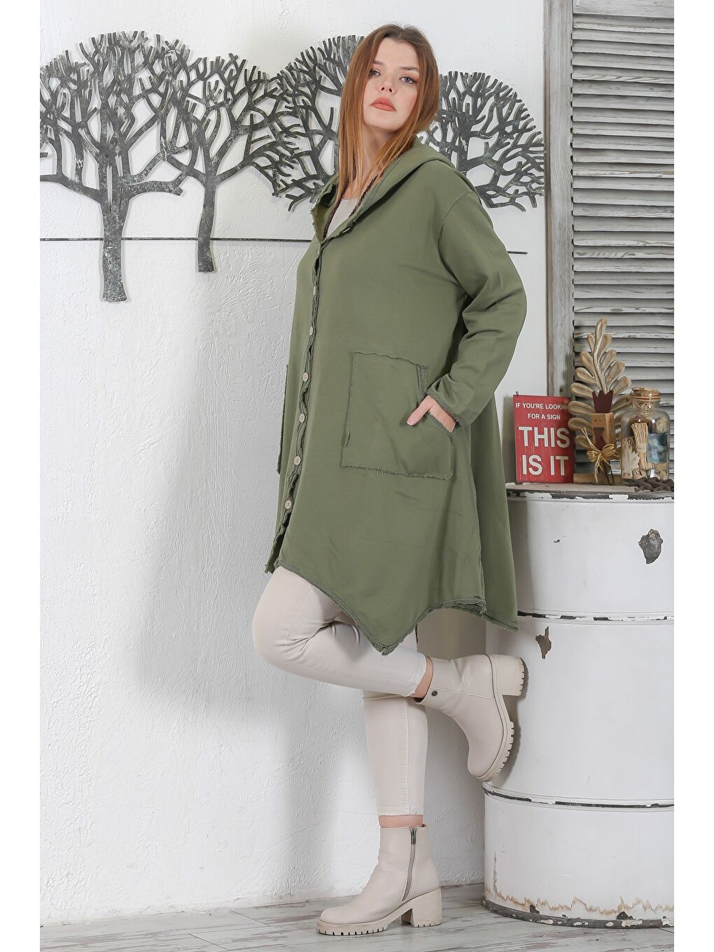 Haki Uzun Kol Düğmeli Çift Cepli Kapüşonlu Yıkamalı Casual Uzun Asimetrik Dokuma Ceket-6