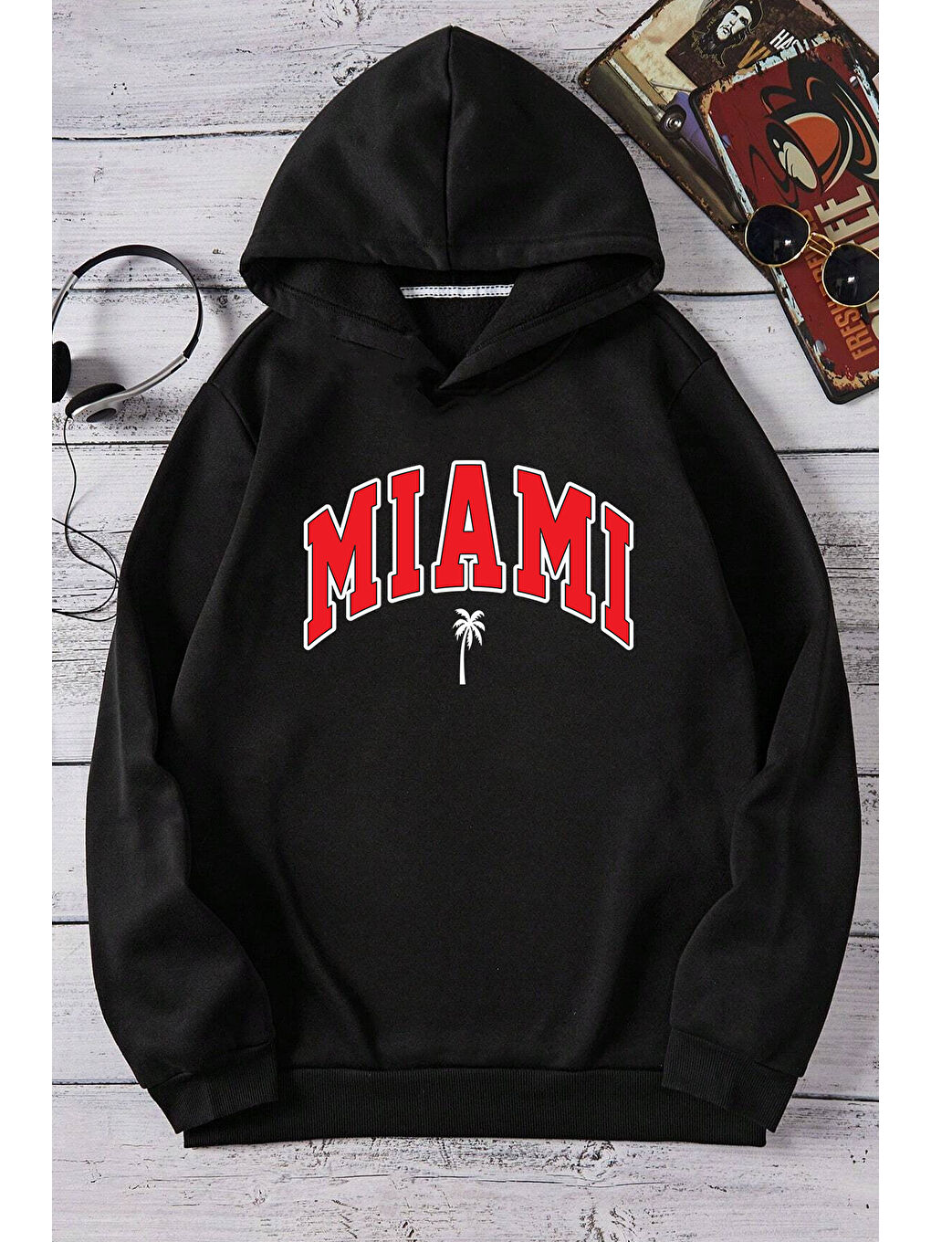 uyguntarz Siyah Miami Baskılı Oversize Sweatshirt