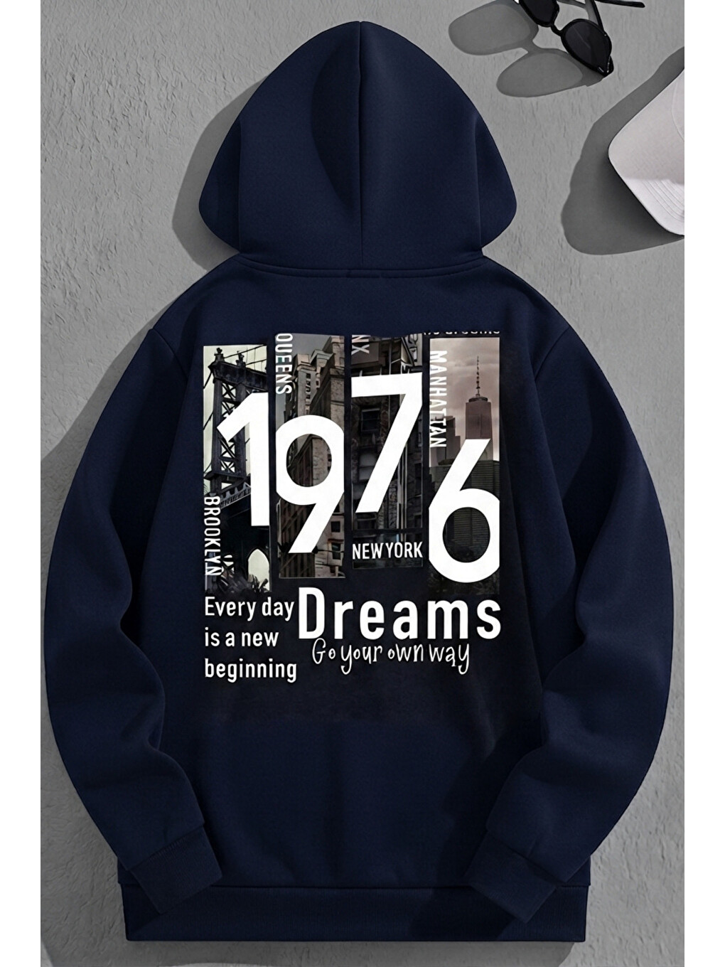 Unisex 3 İplik Pamuklu Lacivert Urban1976 Baskı Bol Kalıp Sweatshirt Hoodie