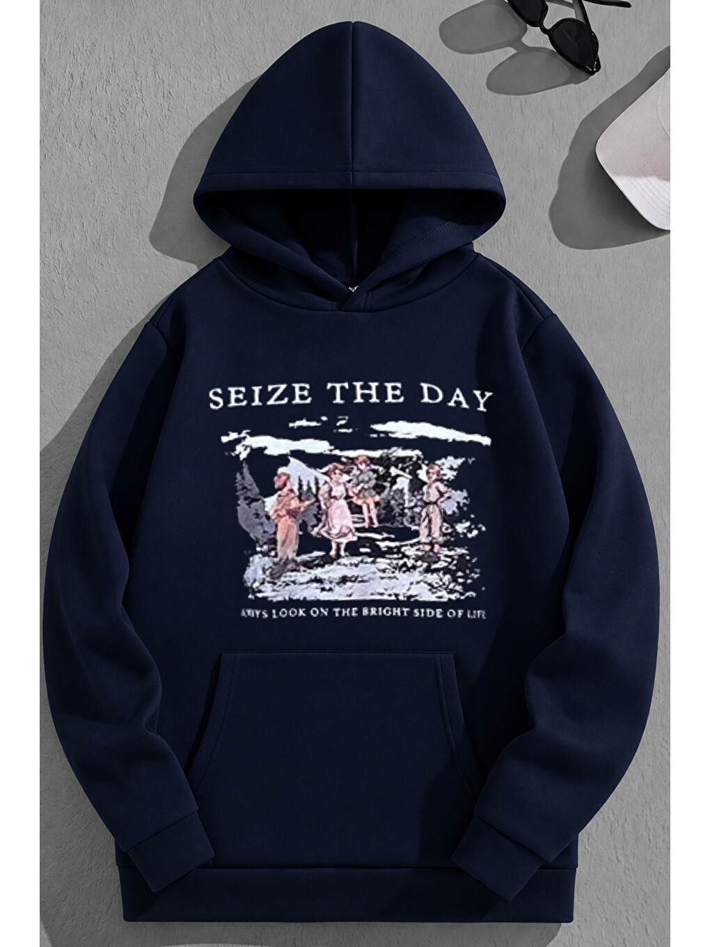 Unisex 3 İplik Pamuklu Lacivert Seizetheday Baskı Bol Kalıp Sweatshirt Hoodie