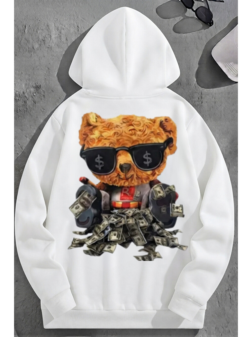 Unisex 3 İplik Pamuklu Beyaz Richbear Baskı Bol Kalıp Sweatshirt Hoodie