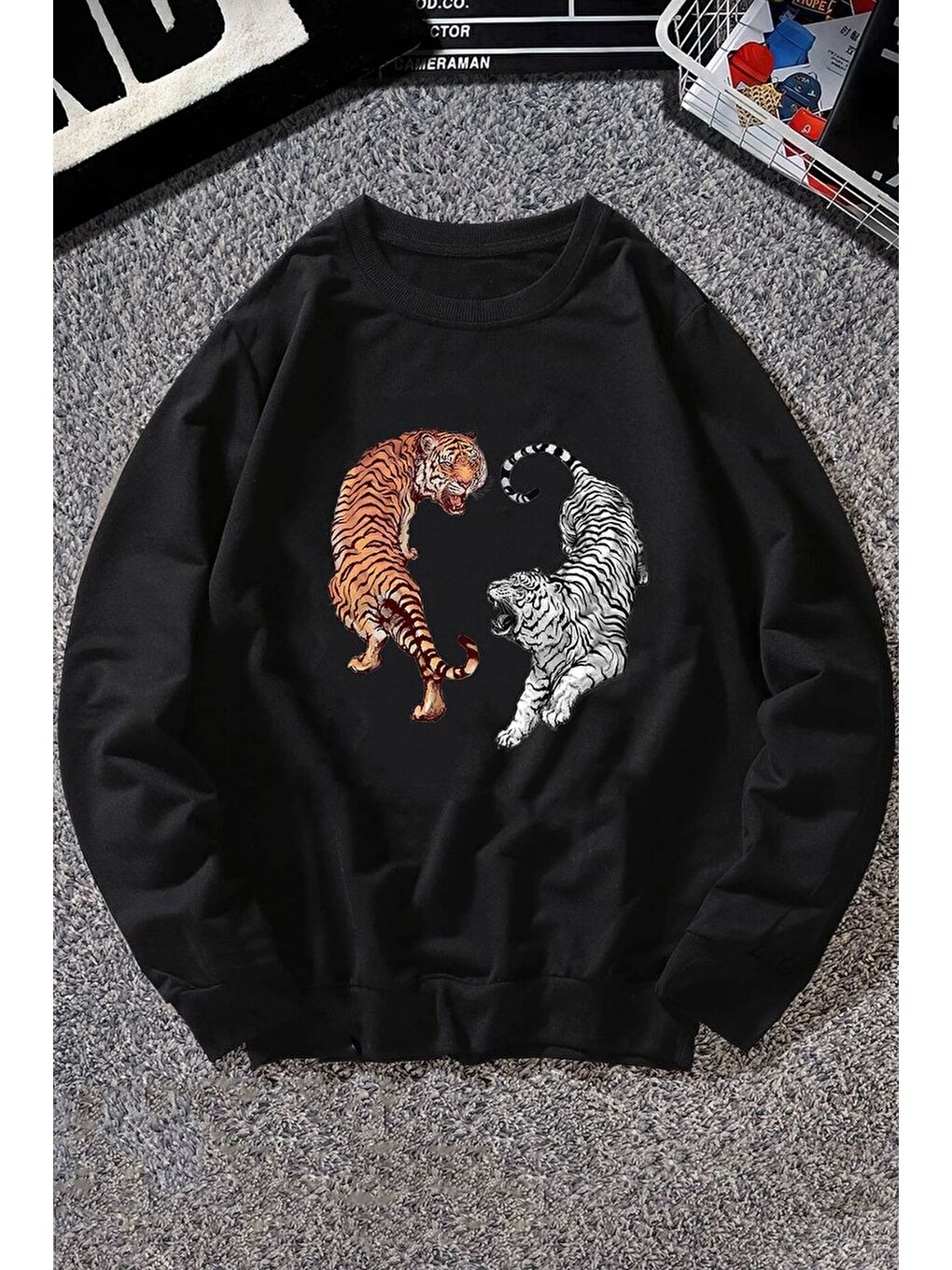 uyguntarz Siyah Unisex Tiger Bisiklet Yaka Sweatshirt