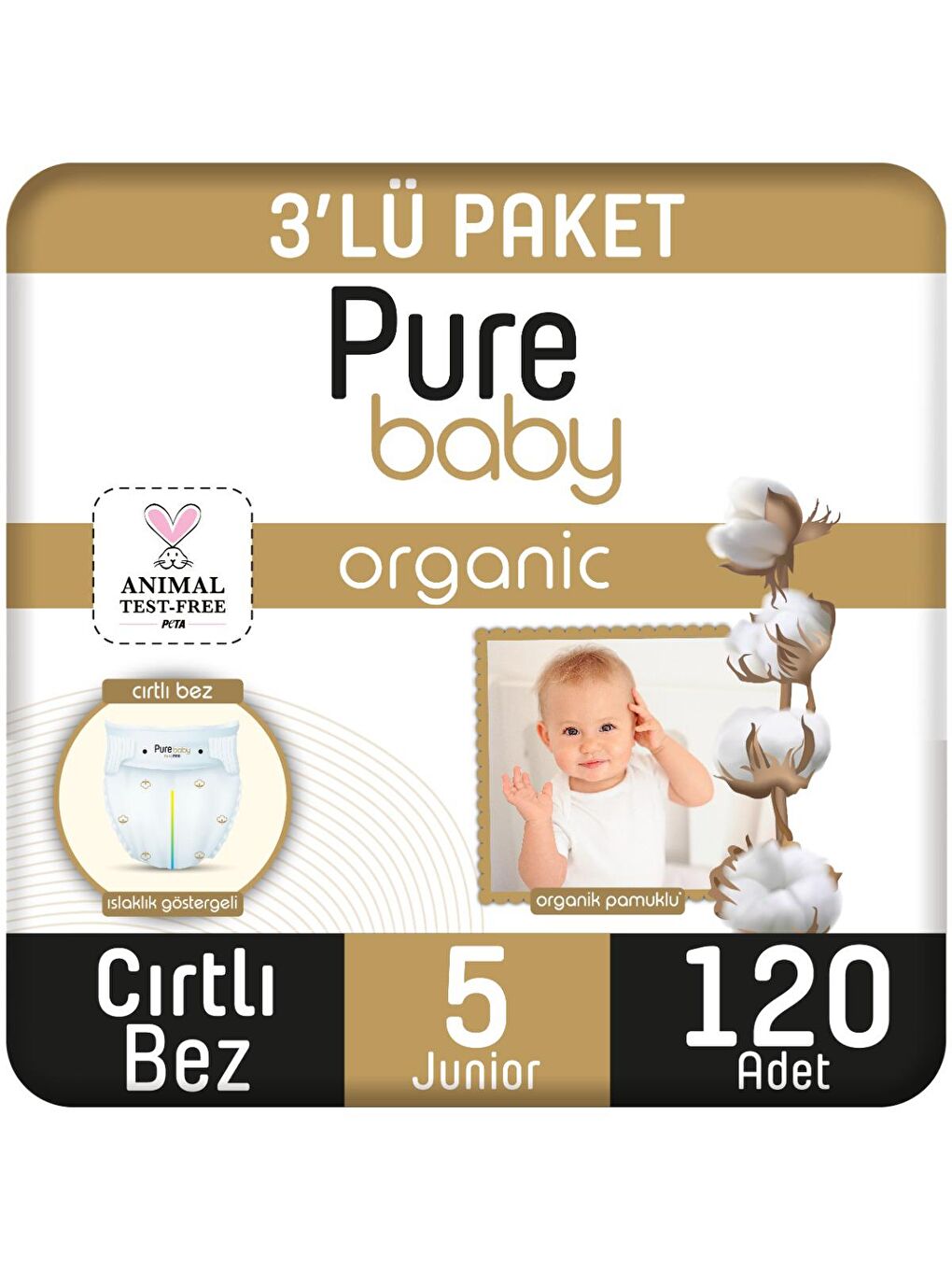 Pure Baby Renksiz Organik Pamuklu Cırtlı Bez 3'lü Paket 5 Numara Junior 120 Adet