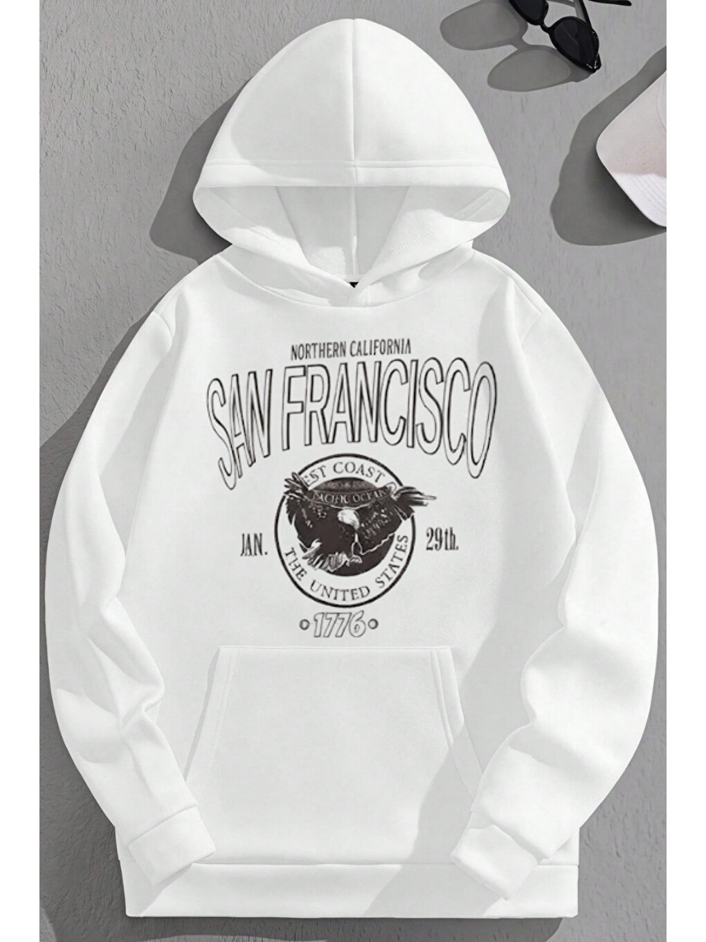 Unisex 3 İplik Pamuklu Beyaz Sanfrancisco Baskı Bol Kalıp Sweatshirt Hoodie
