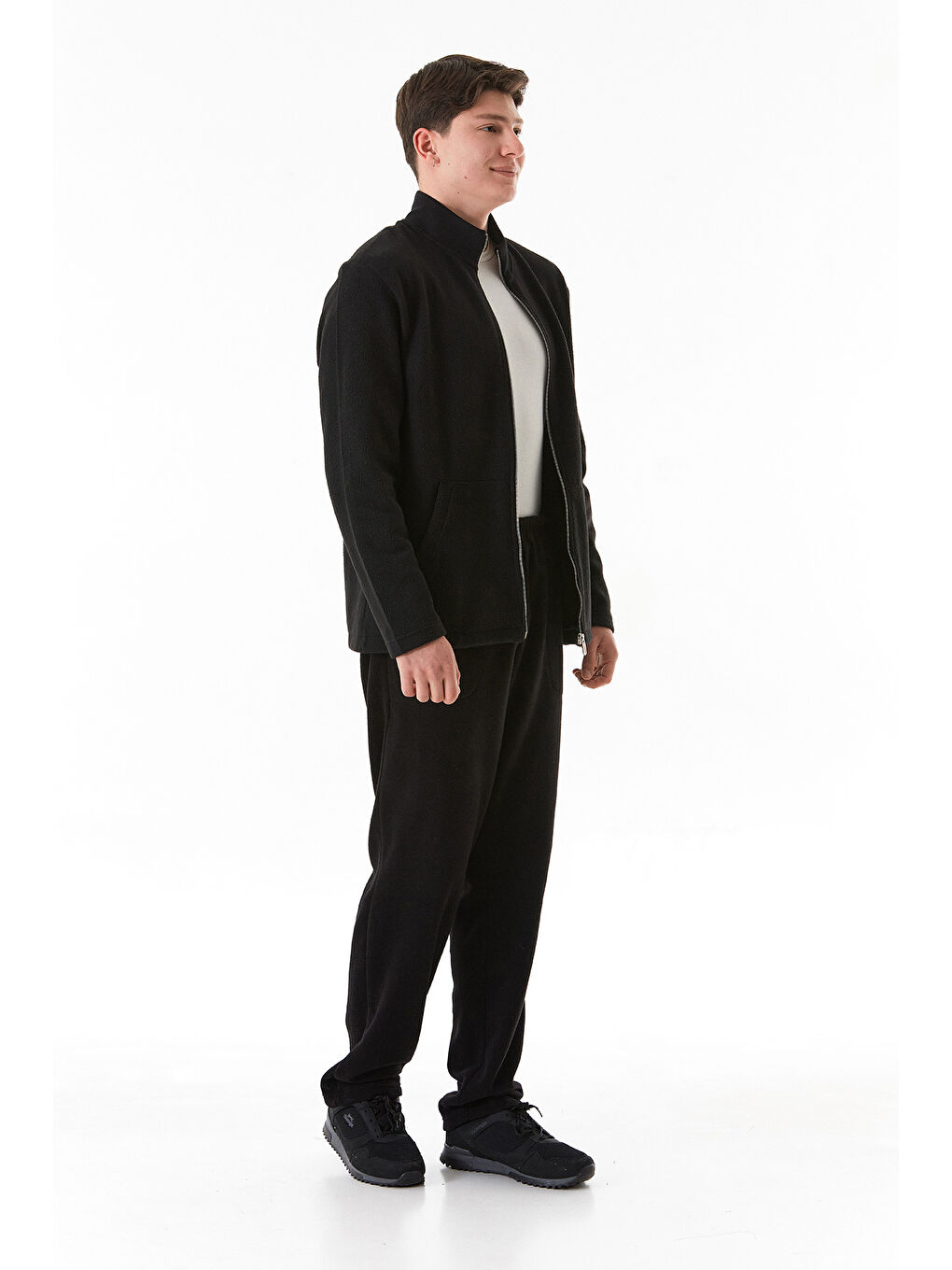 Siyah Beli Lastikli Cepli Polar Eşofman Altı-3