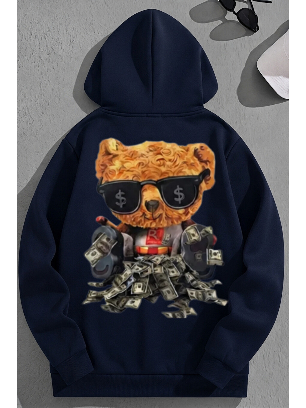 Unisex 3 İplik Pamuklu Lacivert Richbear Baskı Bol Kalıp Sweatshirt Hoodie