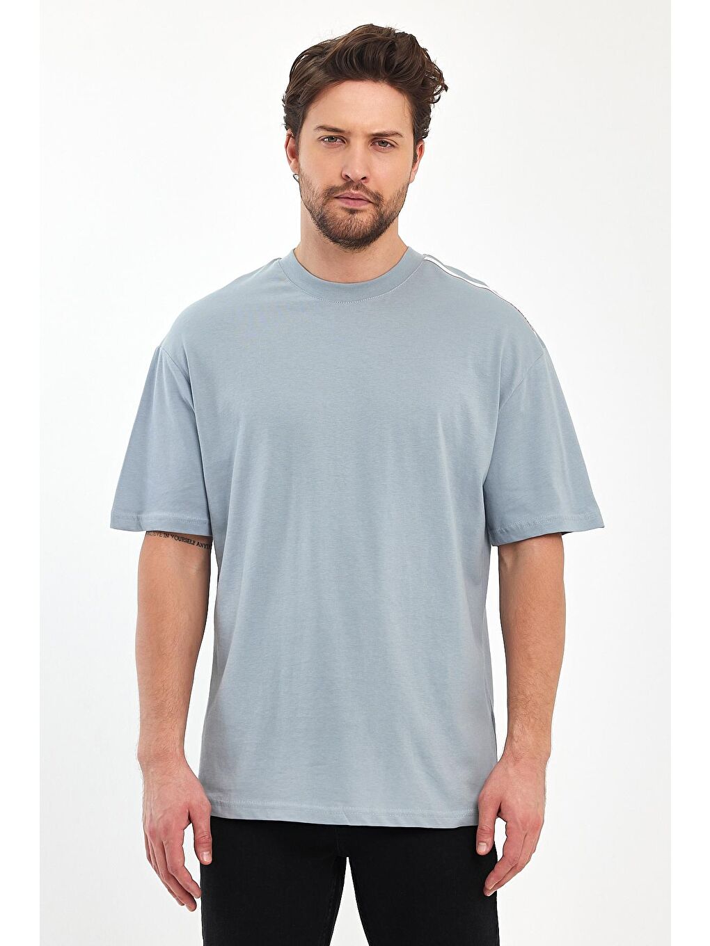 Gri Omzu RodiJeans Yazılı Bisiklet Yaka Erkek Tişört