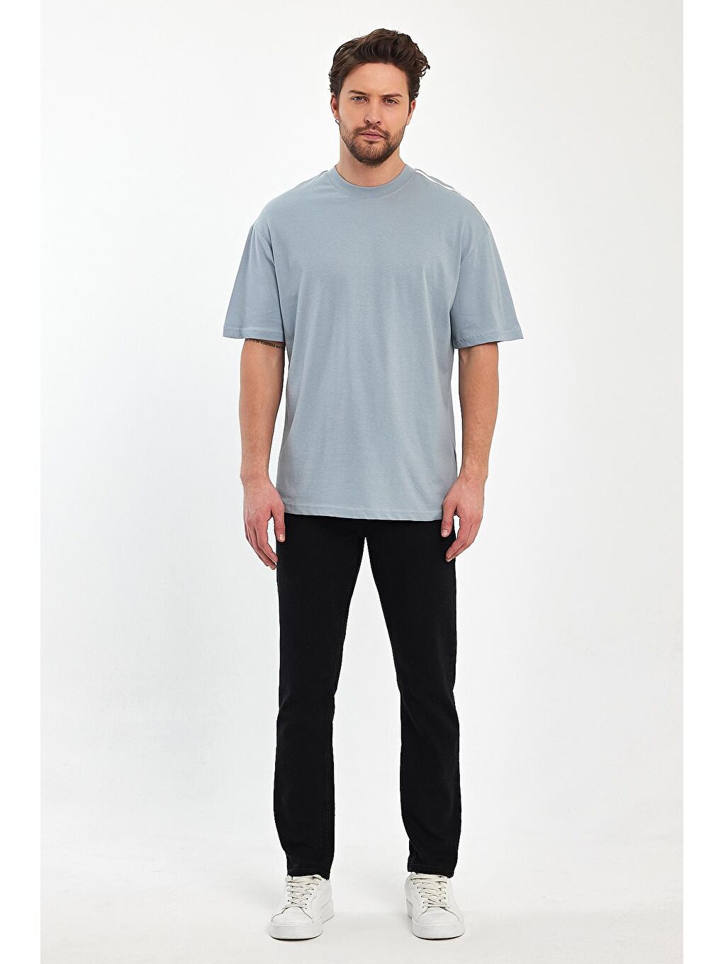 Gri Omzu RodiJeans Yazılı Bisiklet Yaka Erkek Tişört-1