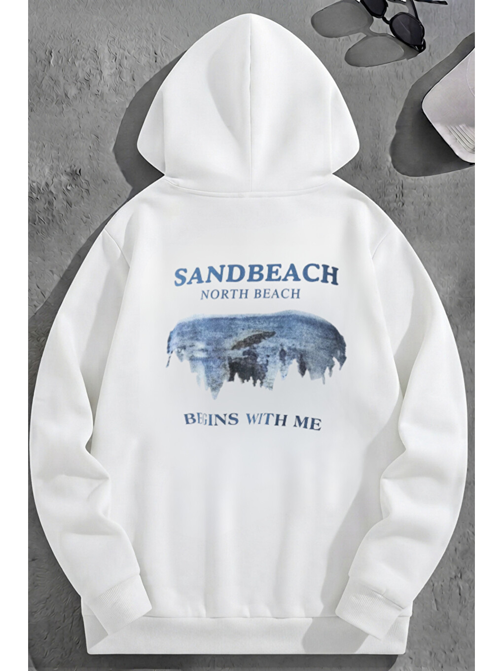Unisex 3 İplik Pamuklu Beyaz Sandbeach Baskı Bol Kalıp Sweatshirt Hoodie