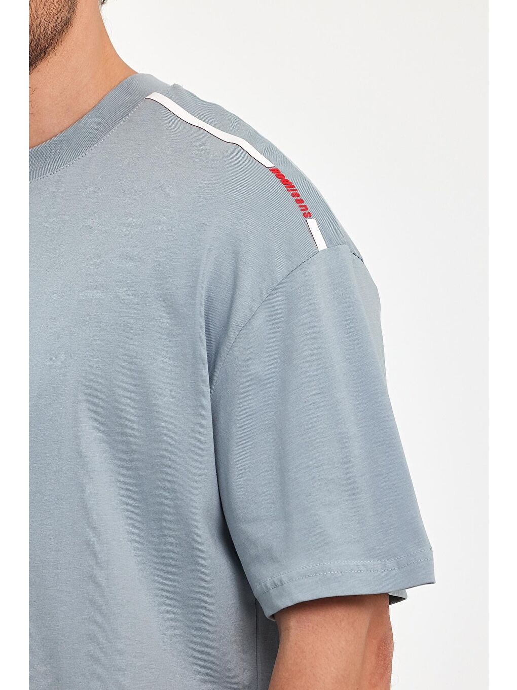 Gri Omzu RodiJeans Yazılı Bisiklet Yaka Erkek Tişört-2