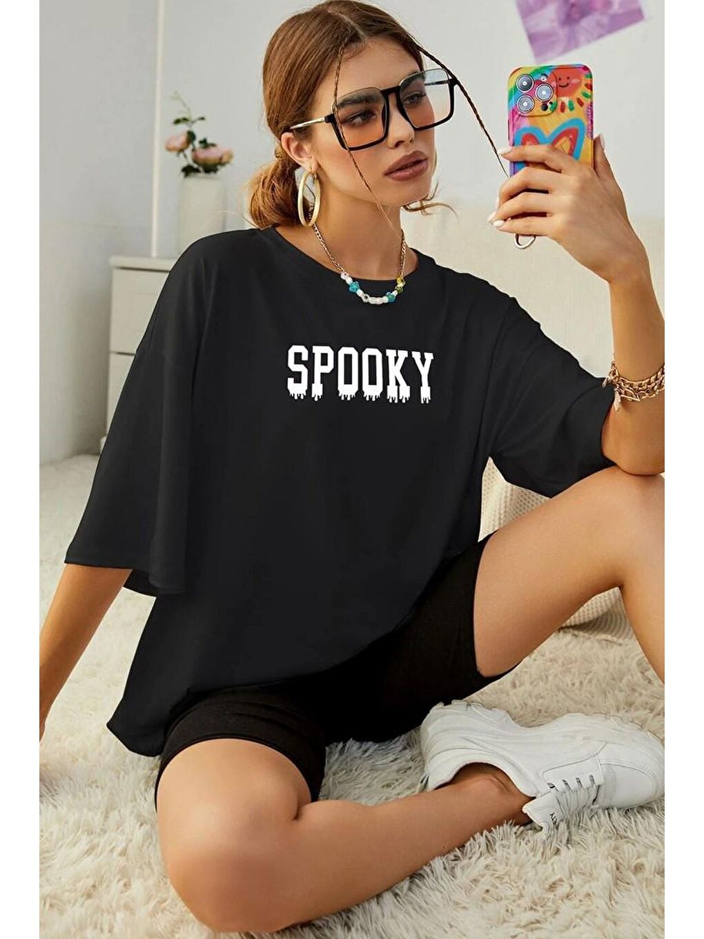 uyguntarz Siyah Unisex Spooky Baskılı T-shirt