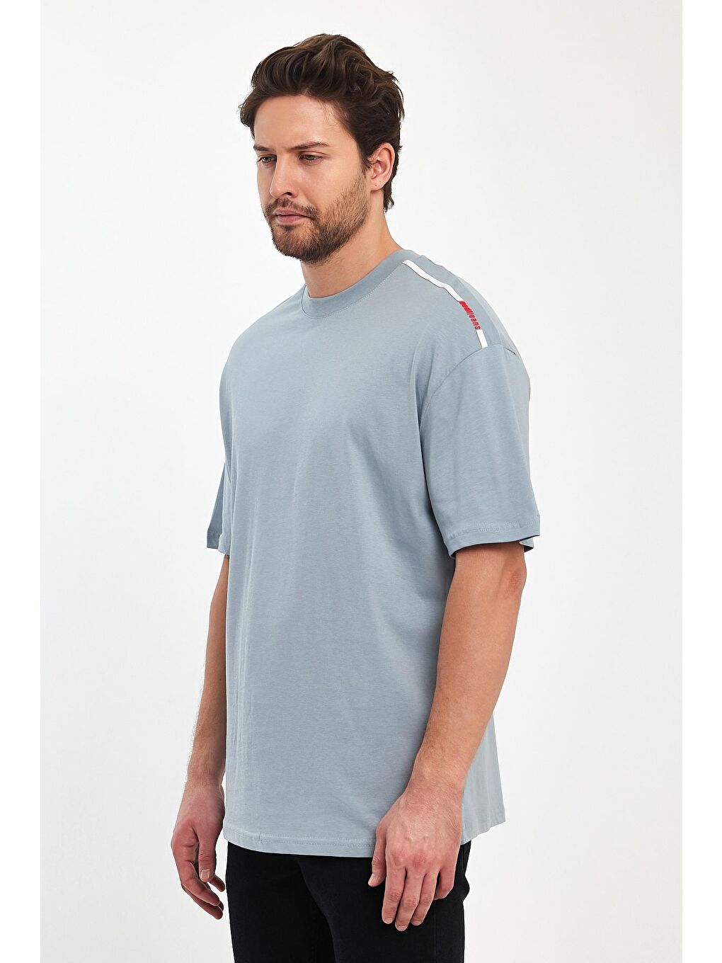 Gri Omzu RodiJeans Yazılı Bisiklet Yaka Erkek Tişört-4