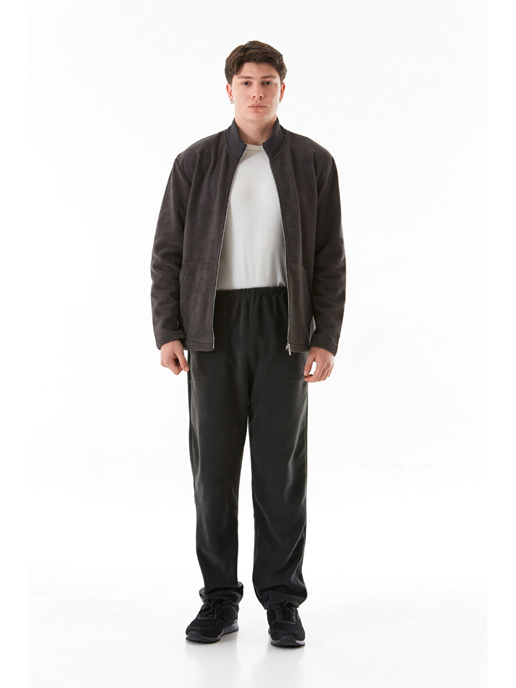 Antrasit Beli Lastikli Cepli Polar Eşofman Altı-1