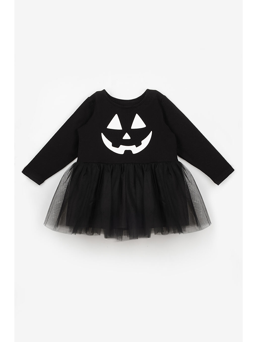 Siyah Bal Kabağı Baskılı Tül Etekli Kız Çocuk Elbise - Sandra