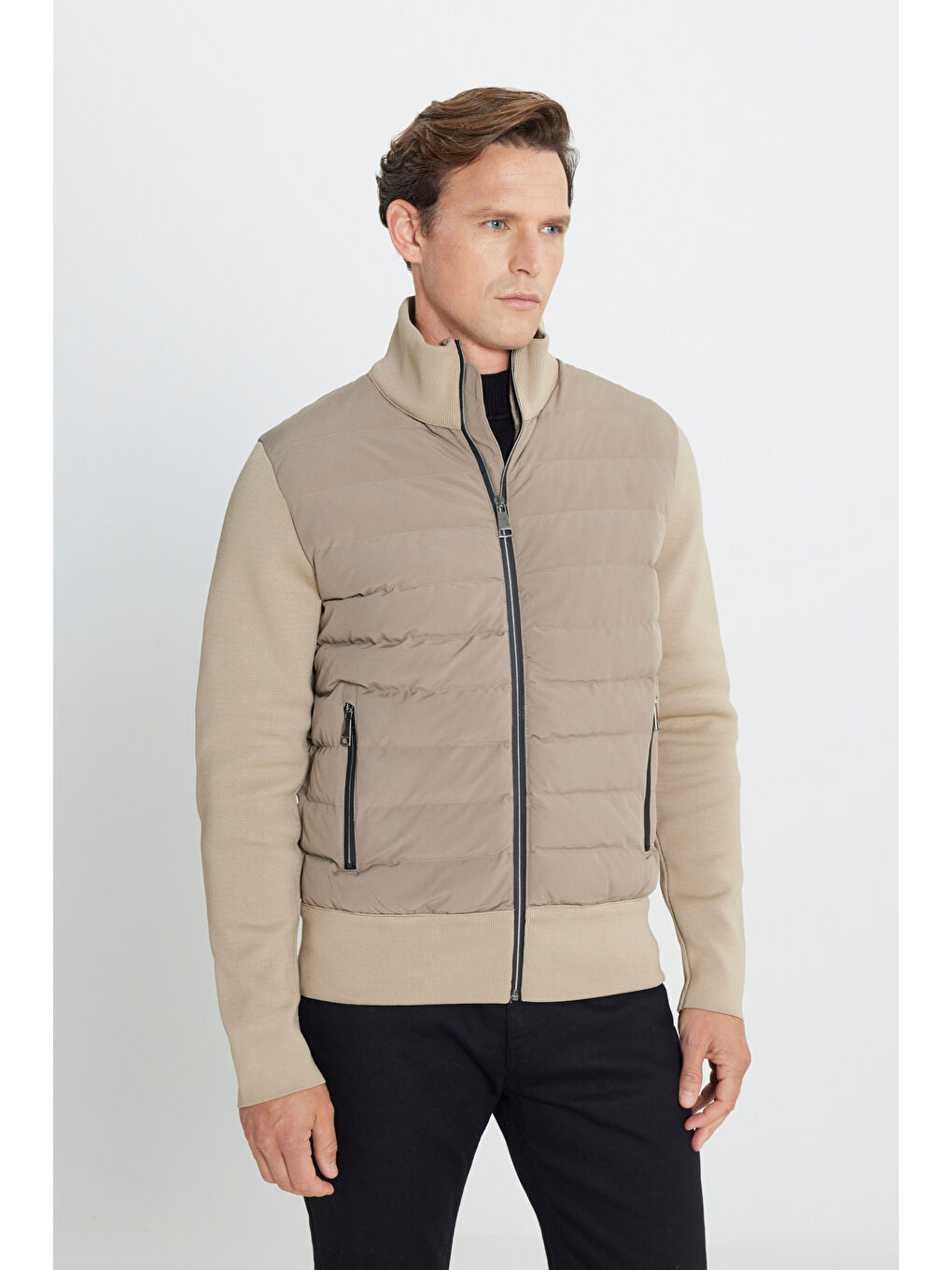 Erkek Bej Standart Fit Normal Kesim Dik Yaka Mont-2