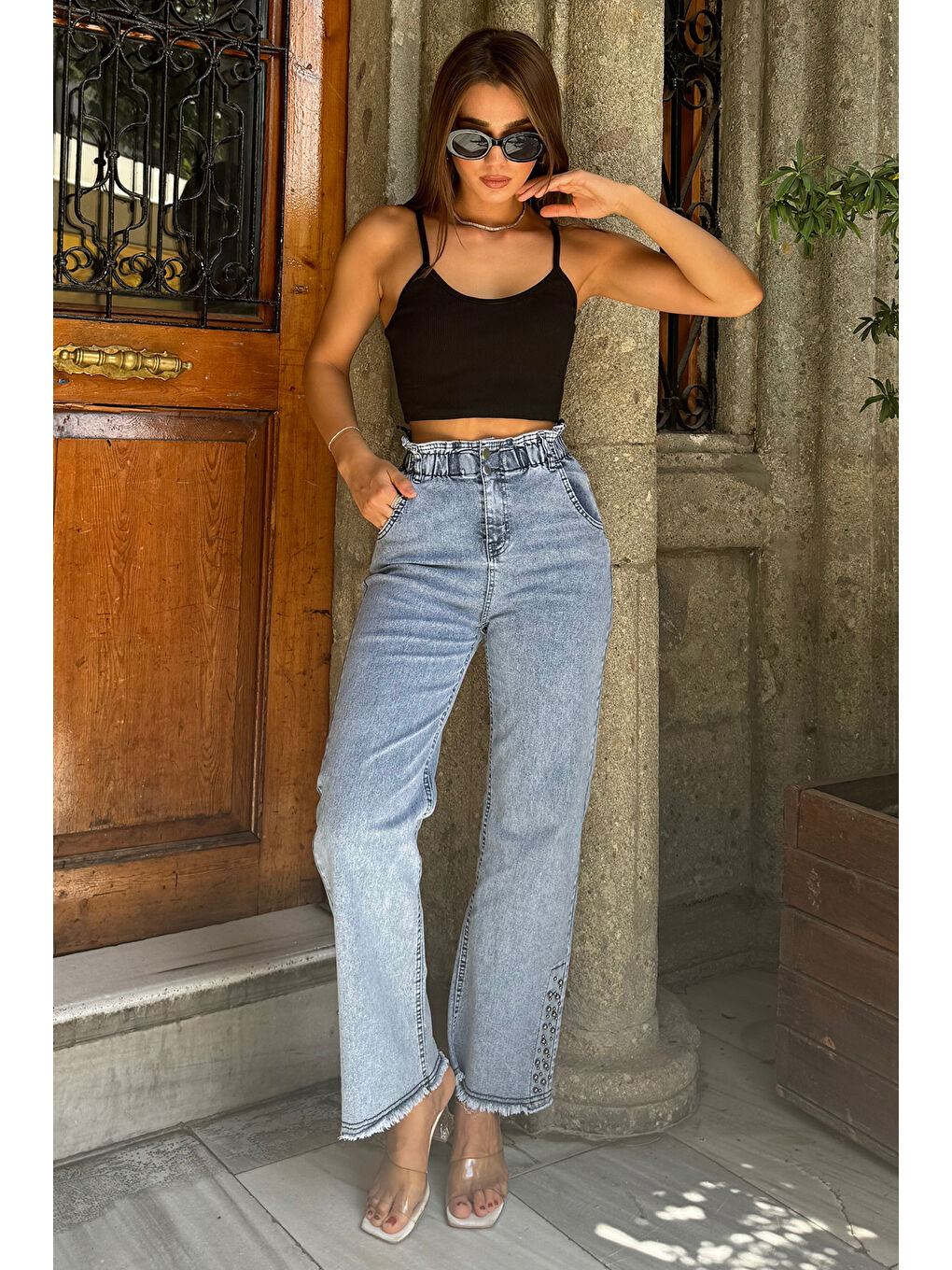 Mavi Kadın Yüksek Bel Paça Püsküllü Taş Detaylı Elastanlı Jean Pantolon-1