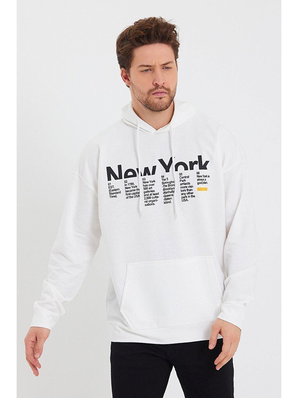 Ekru Erkek Kapüşonlu Oversize Fit Newyork Baskılı Hoodie SPR23SW362