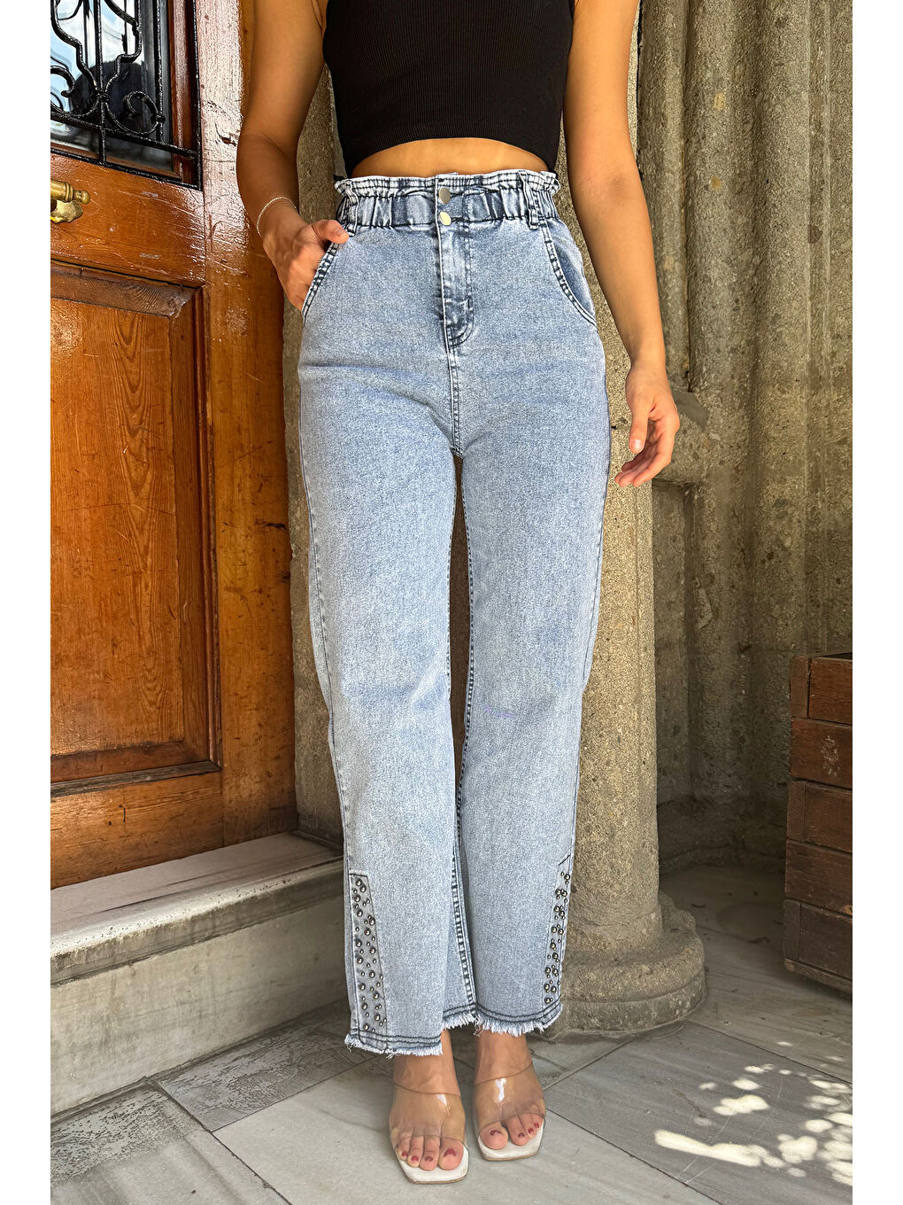 Mavi Kadın Yüksek Bel Paça Püsküllü Taş Detaylı Elastanlı Jean Pantolon-2