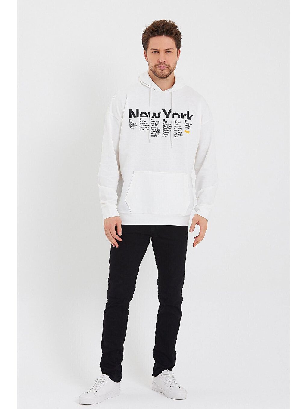 Ekru Erkek Kapüşonlu Oversize Fit Newyork Baskılı Hoodie SPR23SW362-1