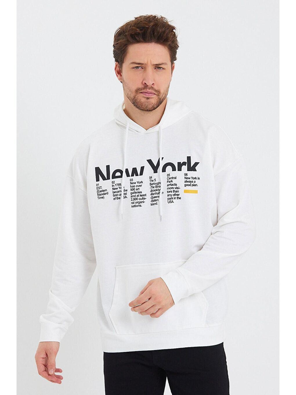 Ekru Erkek Kapüşonlu Oversize Fit Newyork Baskılı Hoodie SPR23SW362-2
