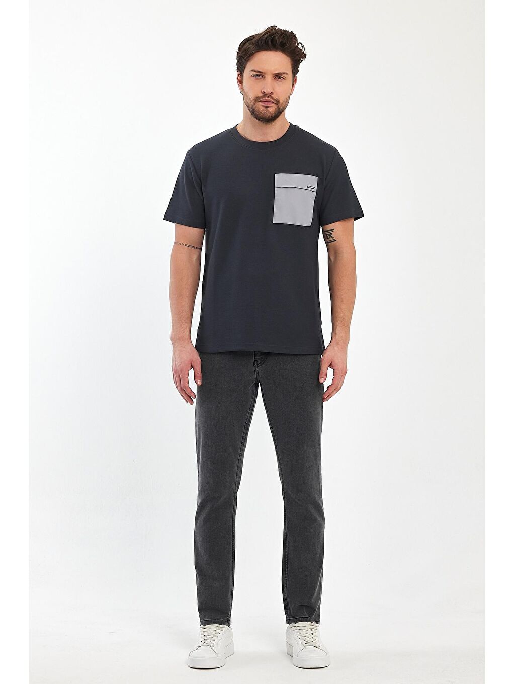 Antrasit Önü Tek Cep Baskılı Bisiklet Yaka Erkek Tişört-1