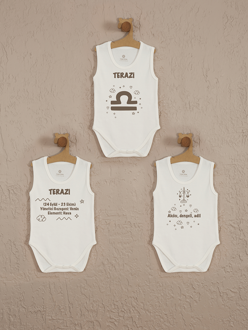 Ekru Bisiklet Yaka Terazi Burcu Baskılı Unisex Bebek Body 3’lü