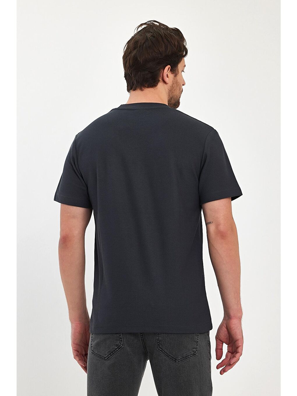 Antrasit Önü Tek Cep Baskılı Bisiklet Yaka Erkek Tişört-3