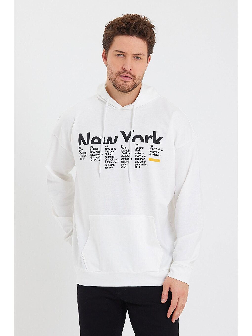 Ekru Erkek Kapüşonlu Oversize Fit Newyork Baskılı Hoodie SPR23SW362-4