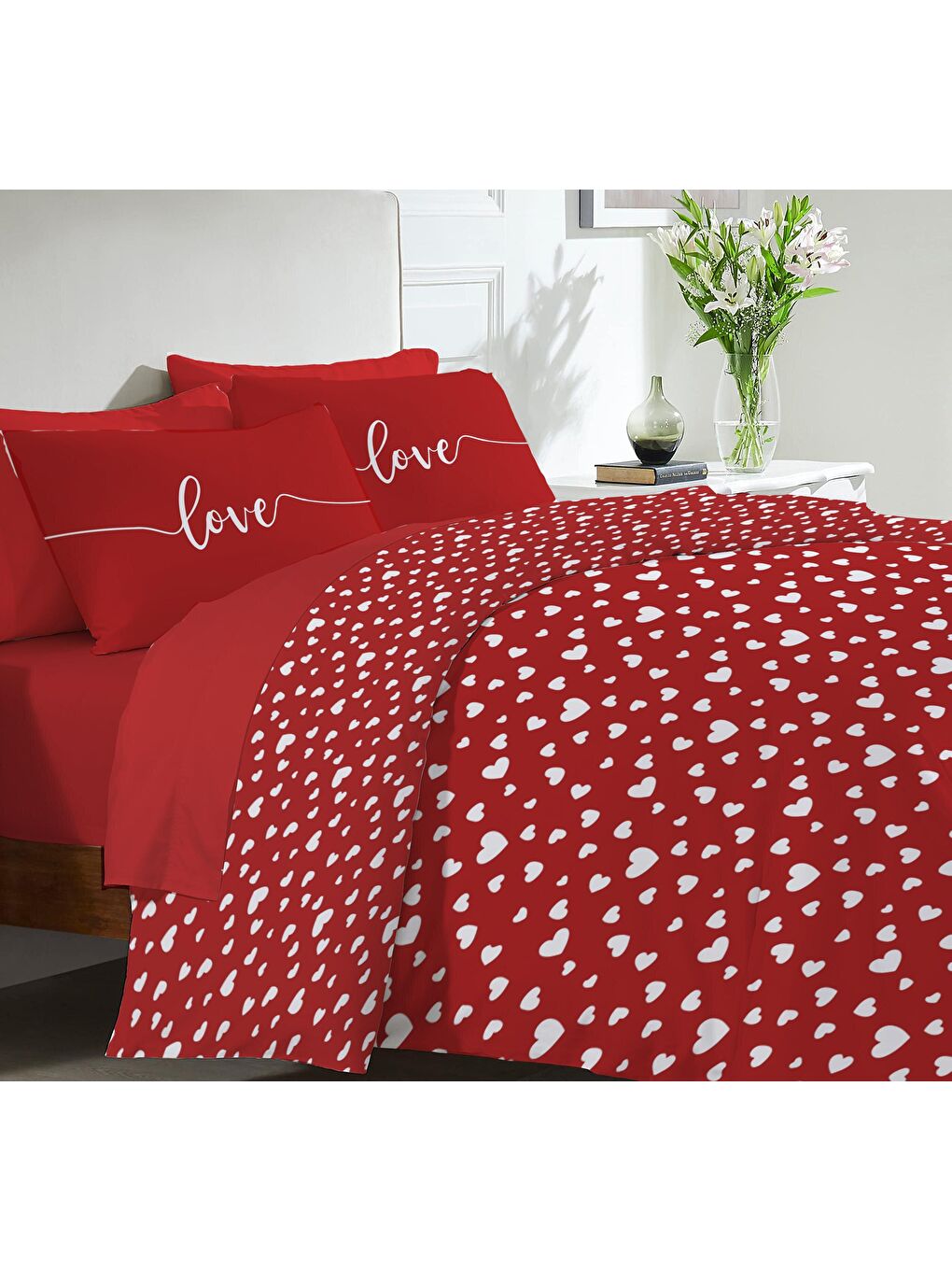 Kırmızı Kalp, sevgililer günü özel desen baskılı çift Kişilik 200x220 Cm ÇARŞAFSIZ Nevresim Takımı
