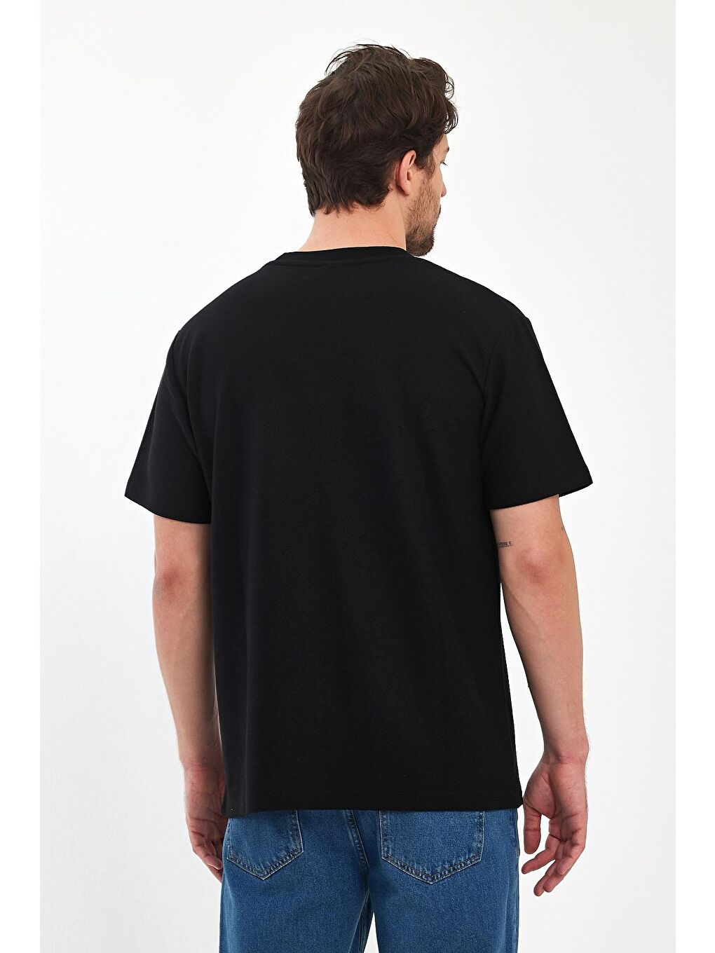 Siyah Önü Tek Cep Baskılı Bisiklet Yaka Erkek Tişört-3