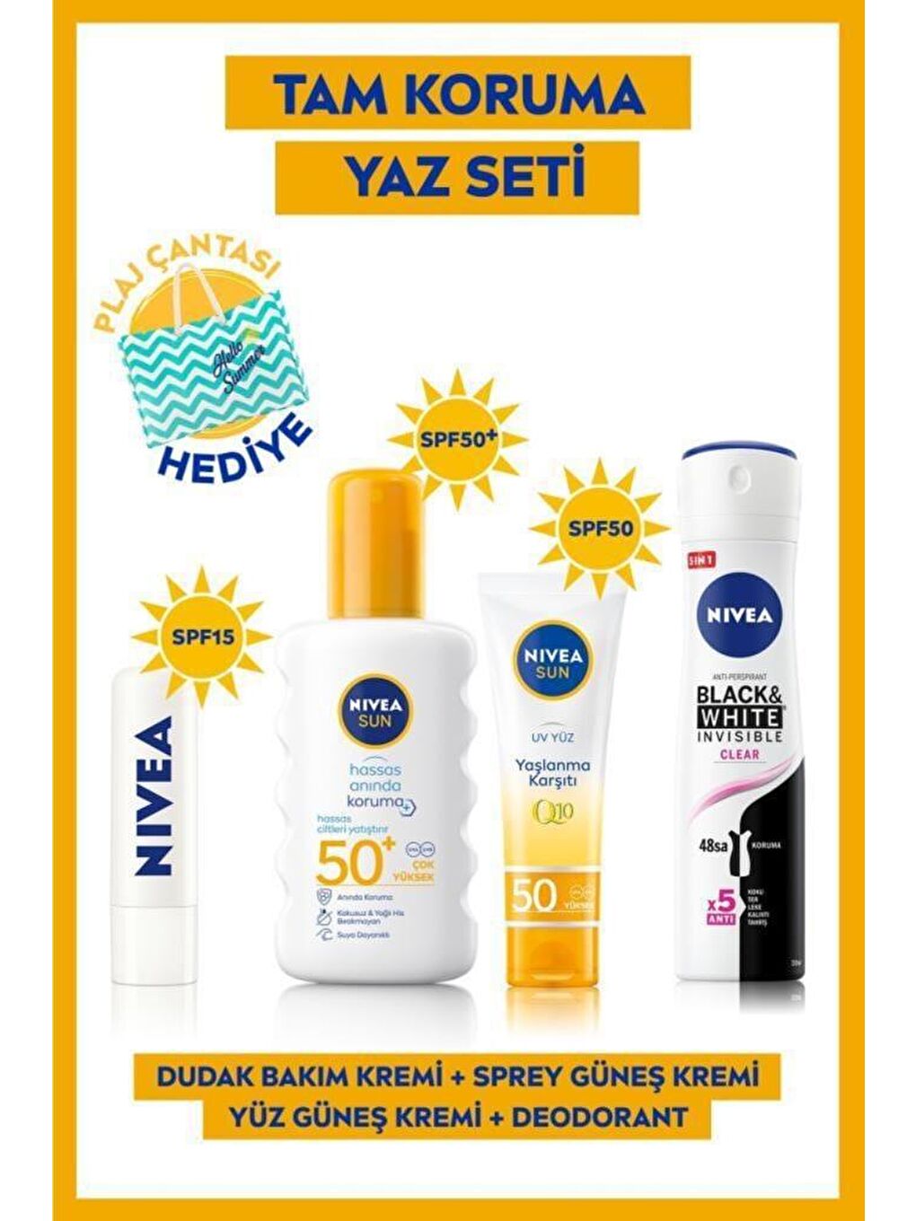 NIVEA Şeffaf Sun Güneş Koruyucu Kişisel Bakım Seti, SPF 50+ Yüz Güneş Kremi 50 ml, Deodorant, Dudak Bakım Kremi