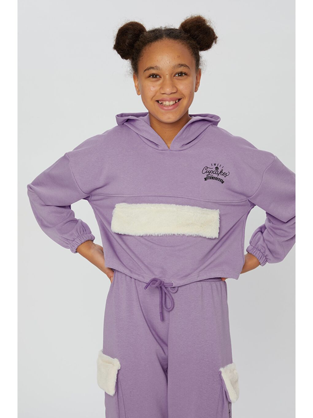 Lila Kız Çocuk Peluş Kapaklı SweatShirt