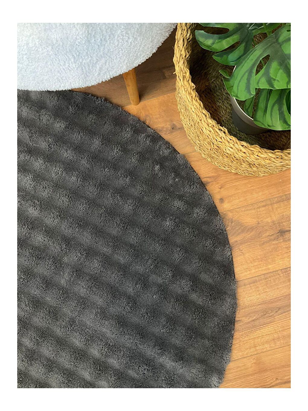 Puffy Bubble Tavşan Yuvarlak Antrasit Halı 200x200-1