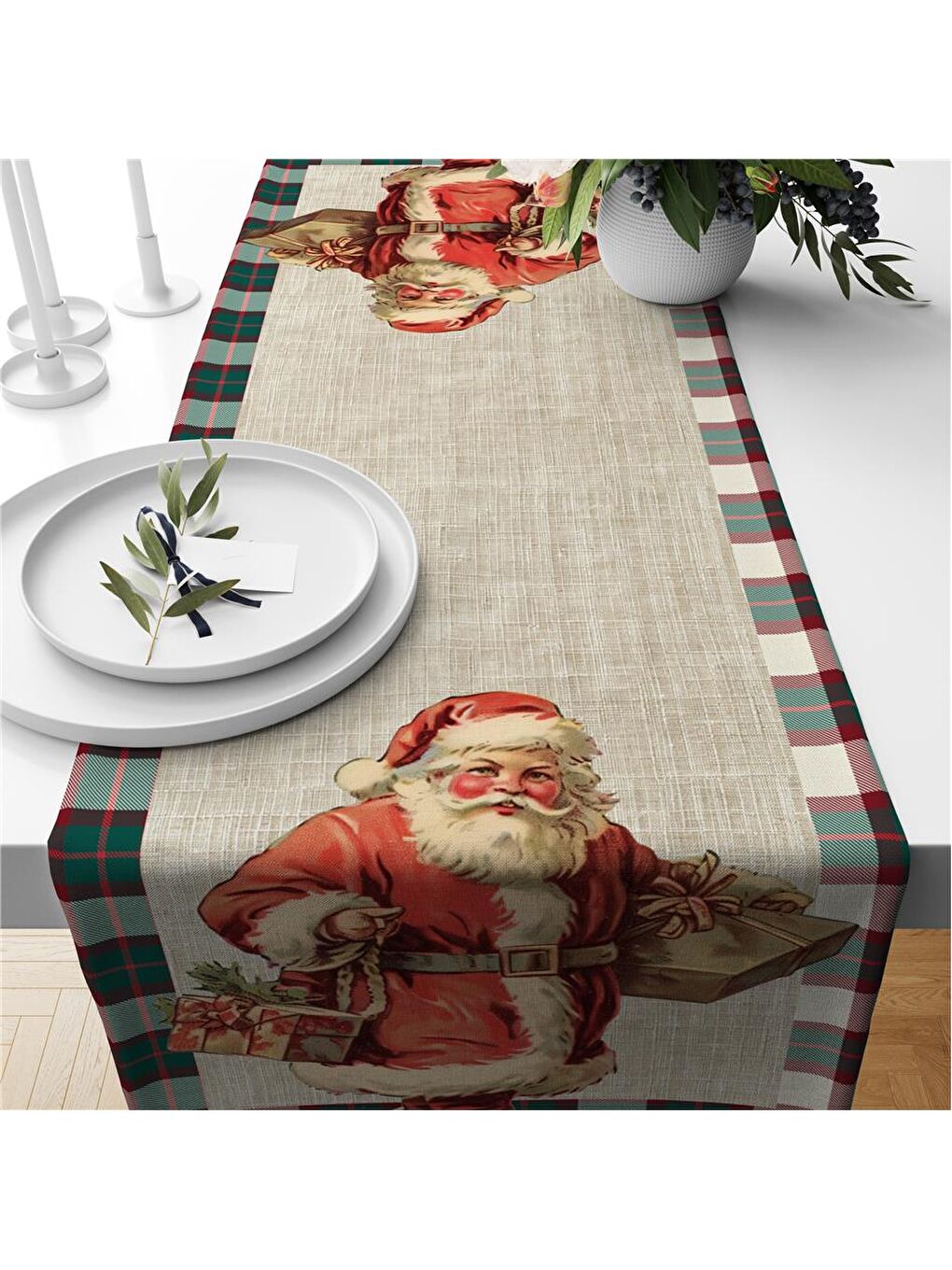 EVMİLA Karışık Yılbaşı Noel Baba40x140 Cm Kadife Runner - 1