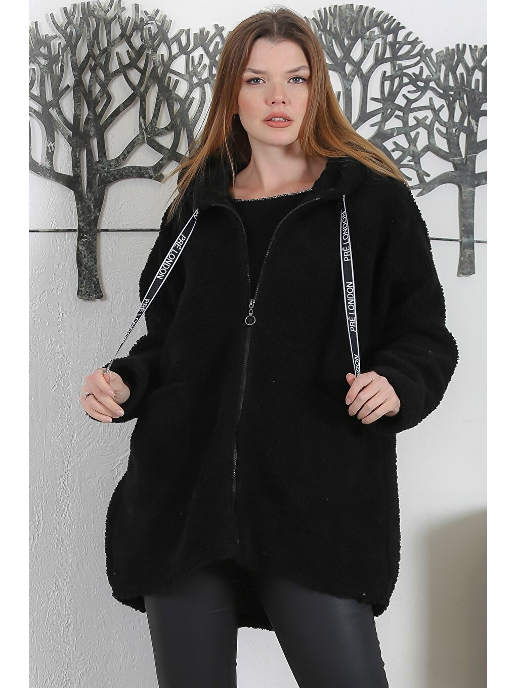 Siyah Uzun Kol Fermuarlı Cepli Kapüşonlu Casual Pelüş Uzun Dokuma Ceket-3