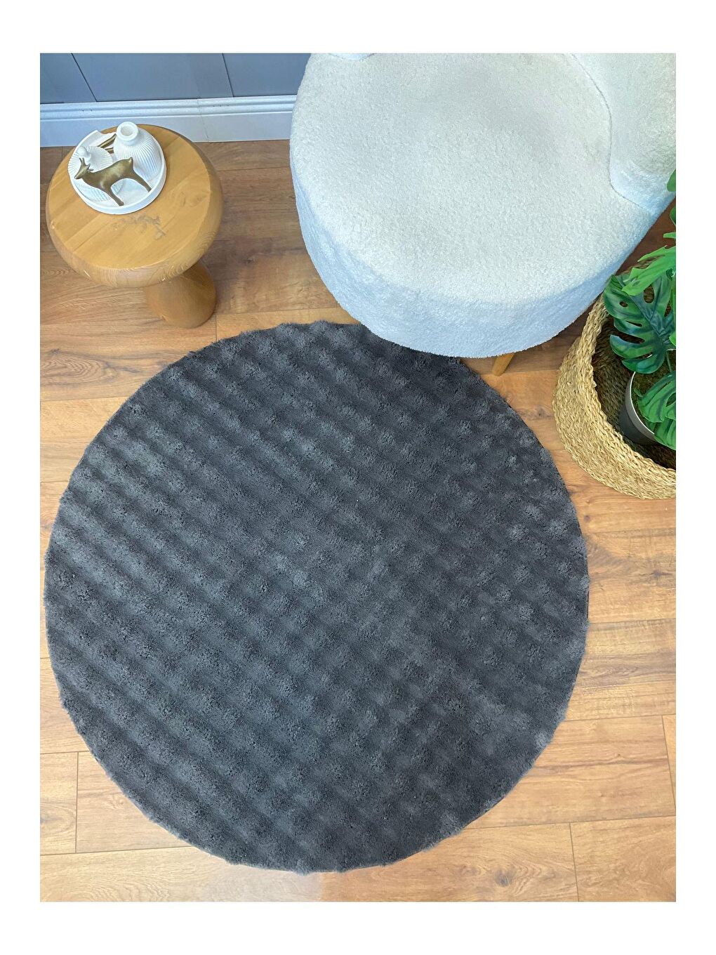 Puffy Bubble Tavşan Yuvarlak Antrasit Halı 200x200-2