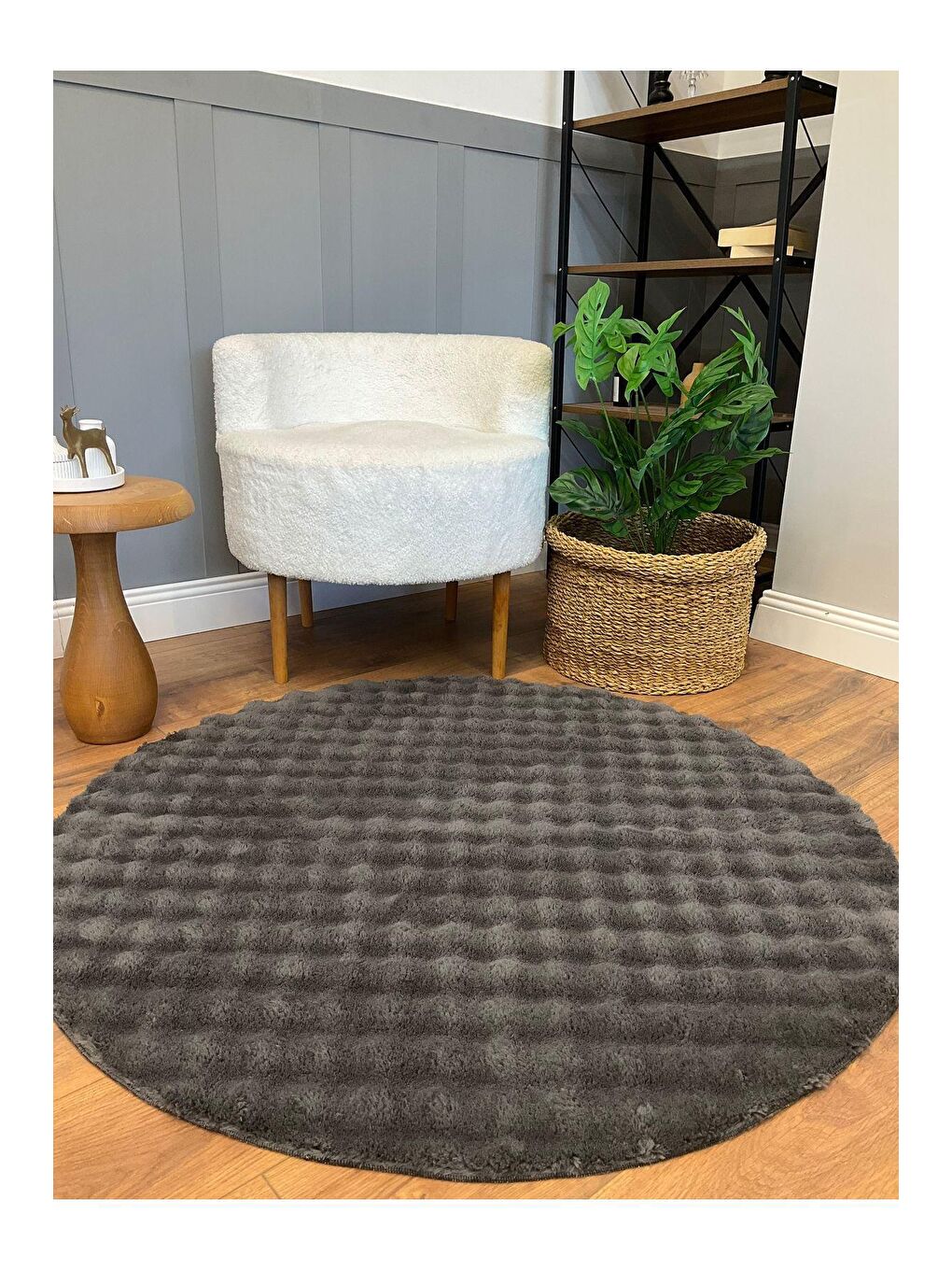 Puffy Bubble Tavşan Yuvarlak Antrasit Halı 200x200-4
