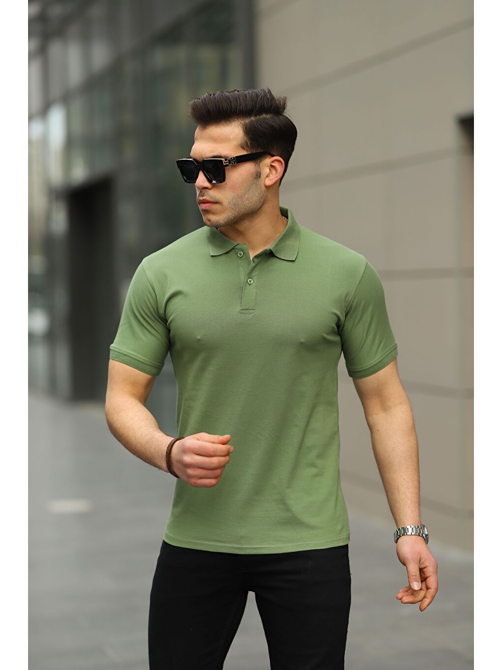 comstar Haki Erkek Kıvrılmaz Polo Yaka Cepsiz Slim Fit Dar Kesim Düz T-Shirt